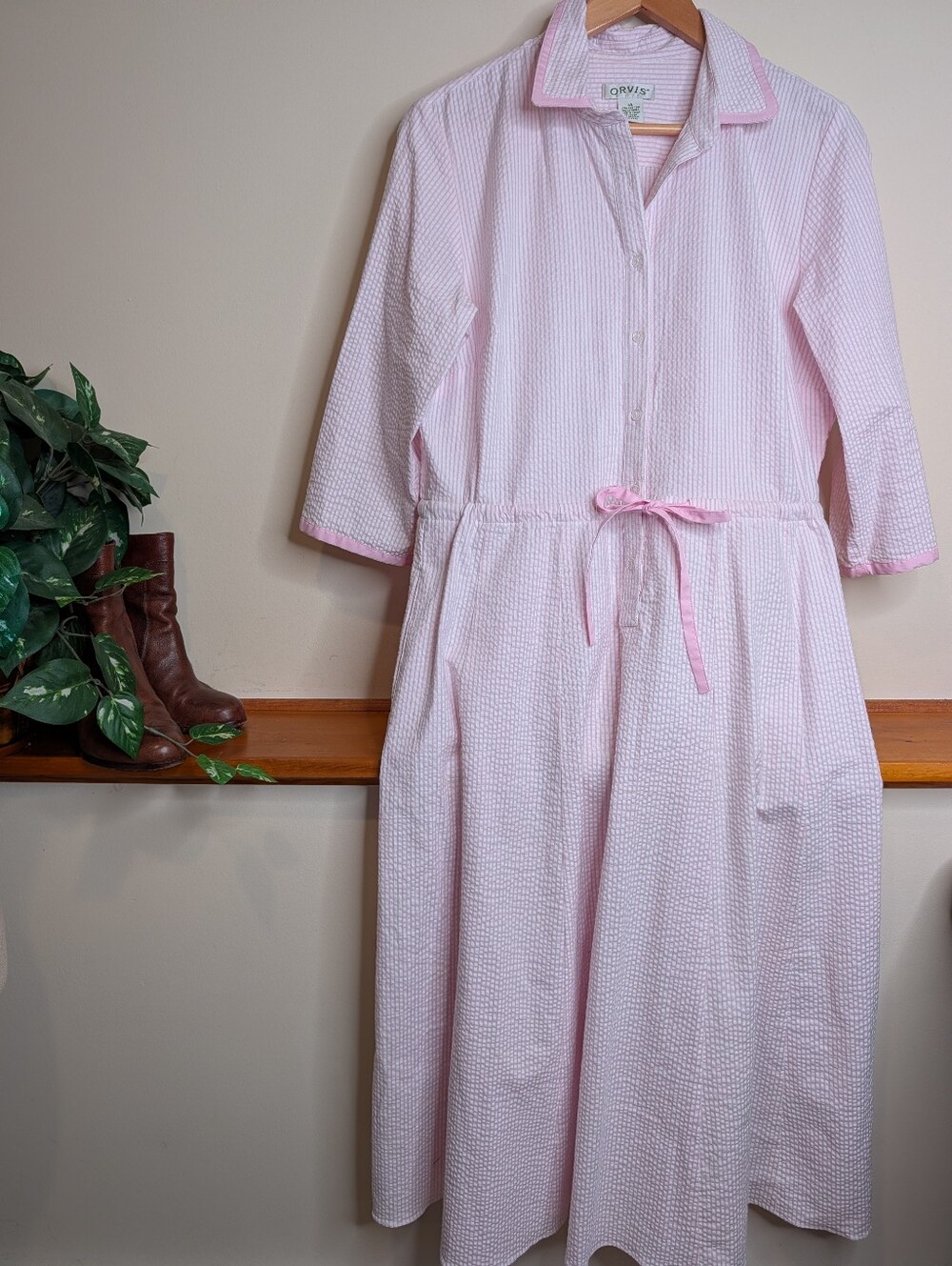 Orvis Pink Seersucker Shirtdress Midi Long Sleeve Tie Waist Size 14